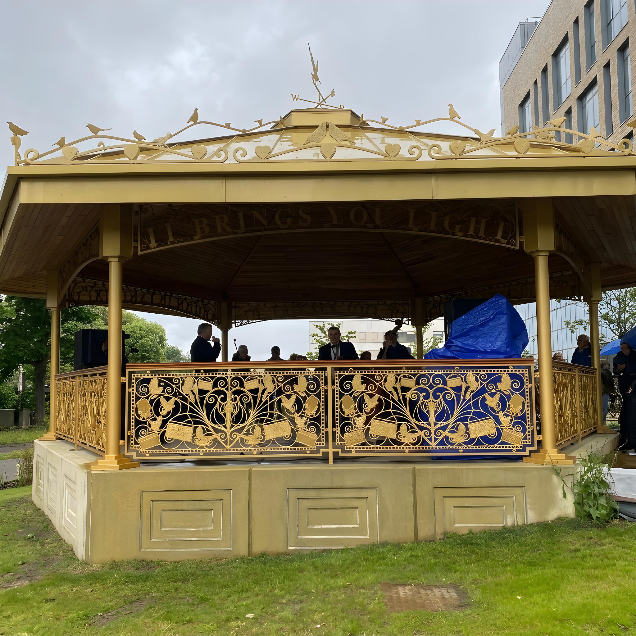 The Golden Bandstand sculpture at TU Dublin Grangegorman featuring decorative cast panels produced by Athy Co-op Foundry.
