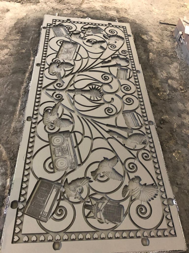 Sand mould prepared at Athy Co-op Foundry for casting the decorative panels used in The Golden Bandstand sculpture.